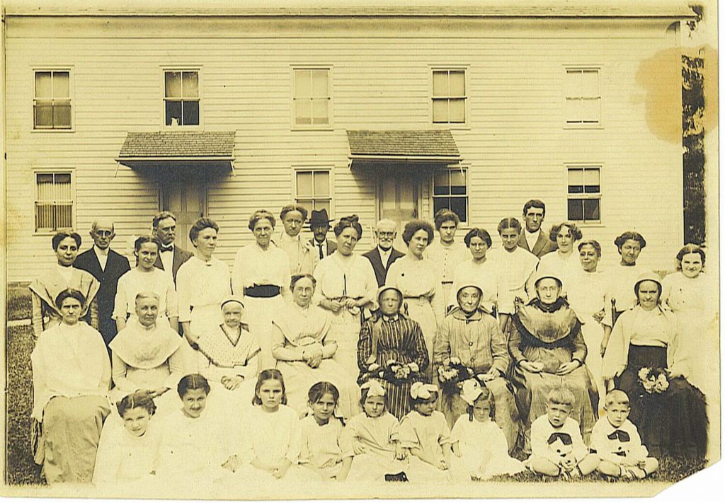 In this 1916 photo of the Watervliet South Family, you can see many sisters wearing the berthas that gained popularity among the Shakers in the late 19th century.